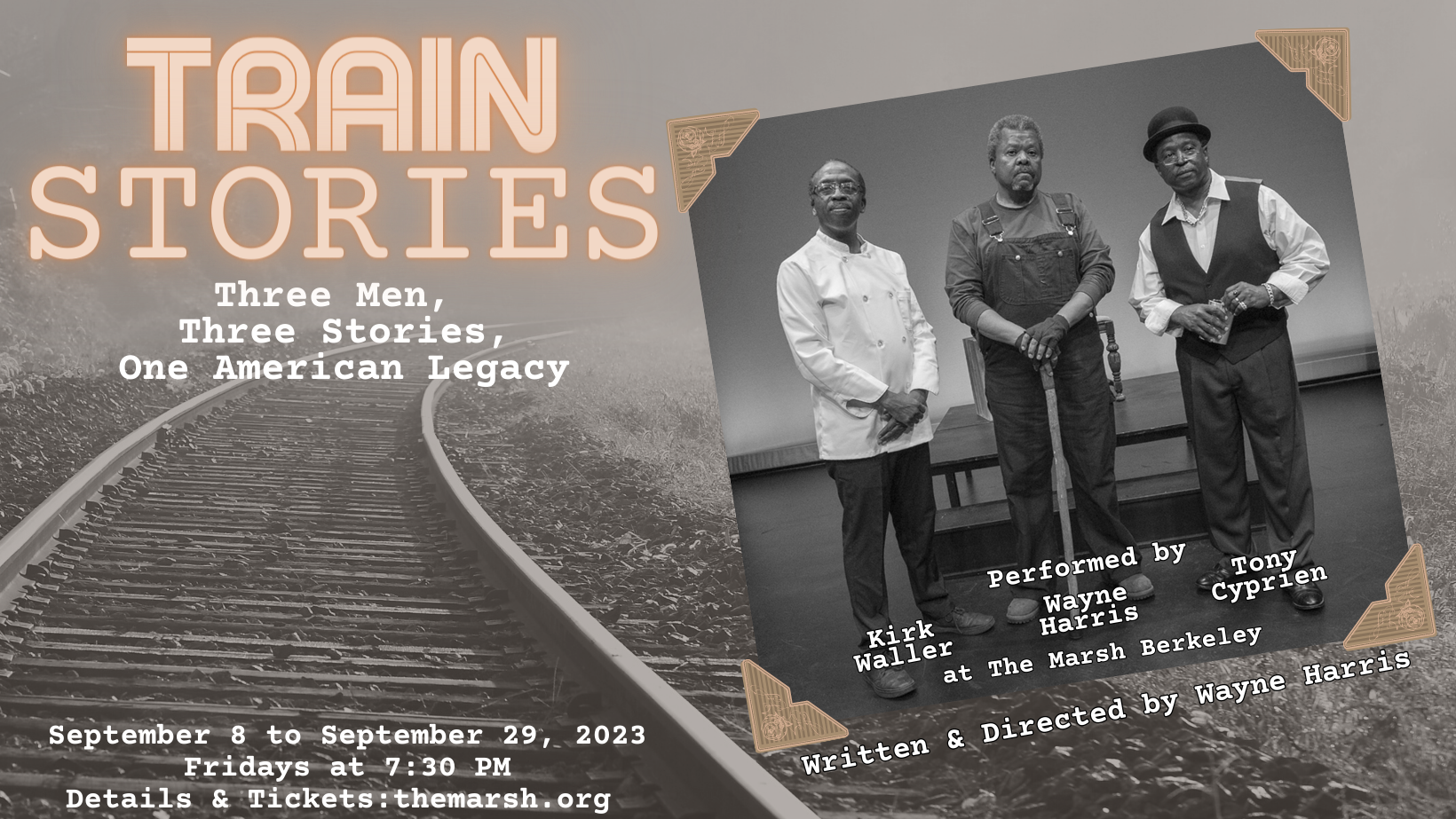 Train Stories graphic, with 3 actors and train tracks